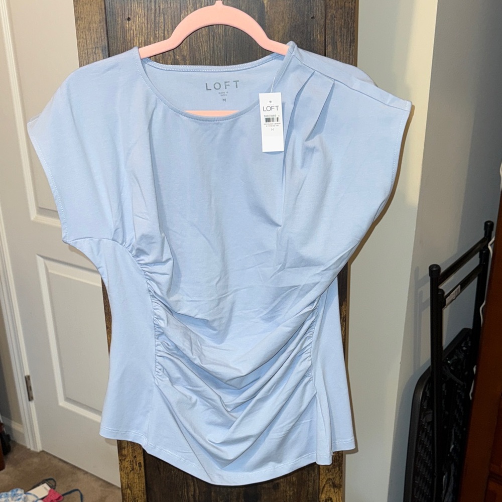 LOFT Light Blue Ruched Short Sleeve Blouse